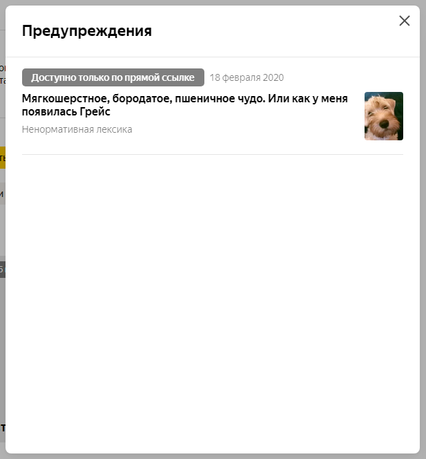 Предупреждение о нарушении требований к контенту на Яндекс.Дзен